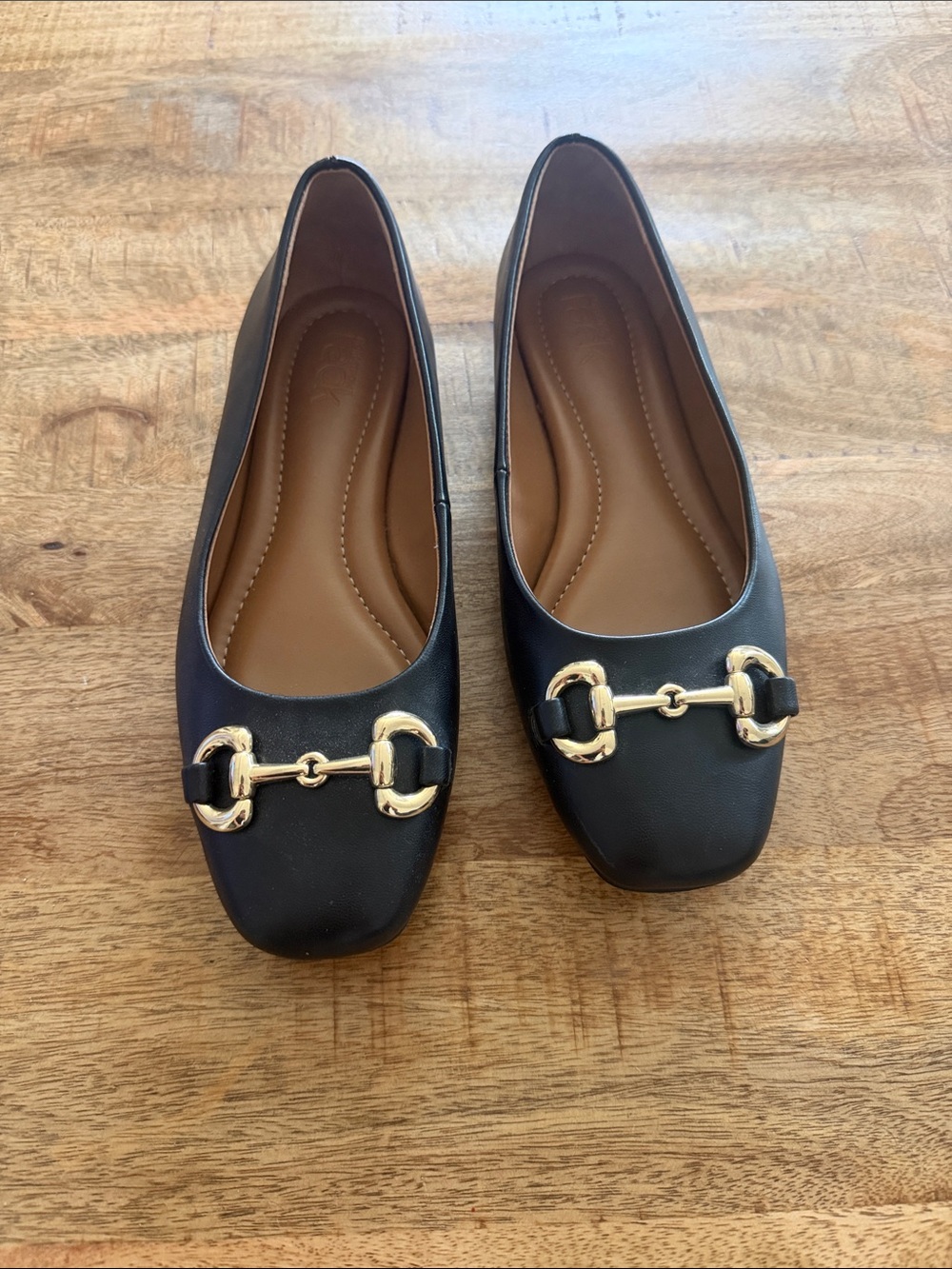 Black Leather Square-Toe Flats with Gold Bit Detail